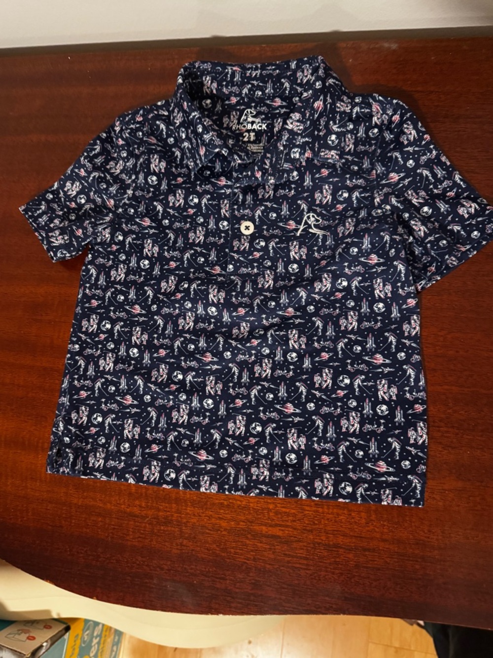 Rhoback Navy Space-Print Polo with White and Pink Accents